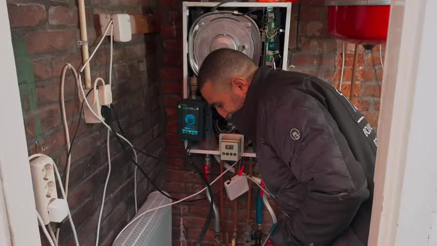 Loodgieter Anouar controleert een geopende Remeha Avanta met meetapparatuur